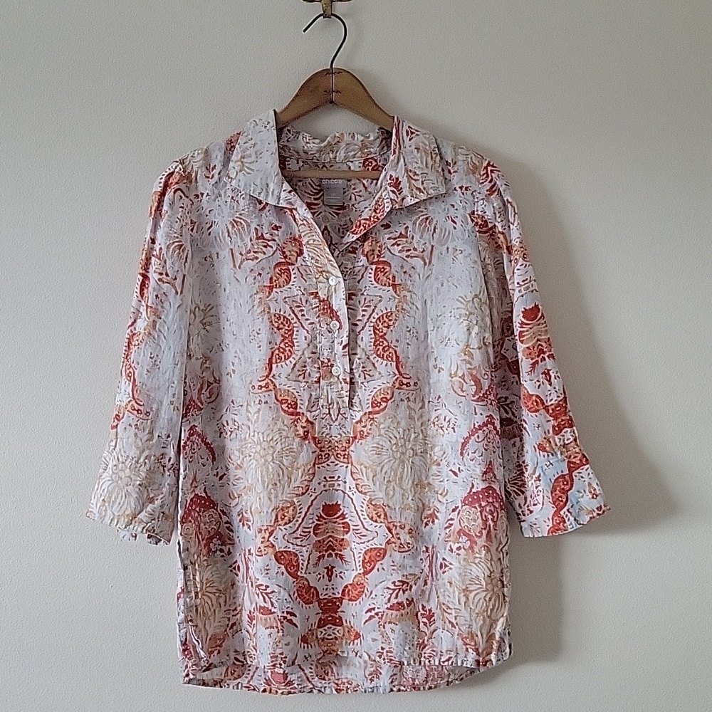 Chico's Medallion Print Linen Henley Tunic Size Small Petite SP
